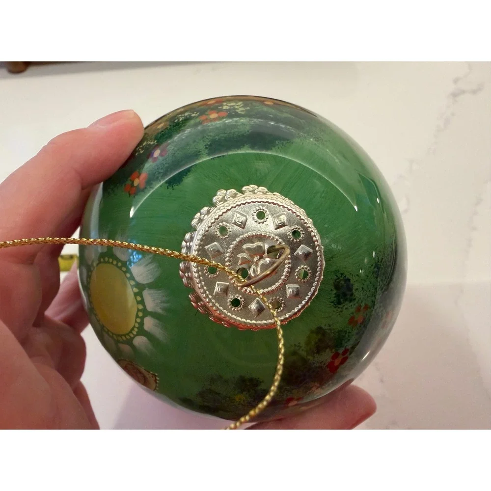 Vintage Li Bien Style Hand Painted Glass Ornament Russian Folk Dance Green 3